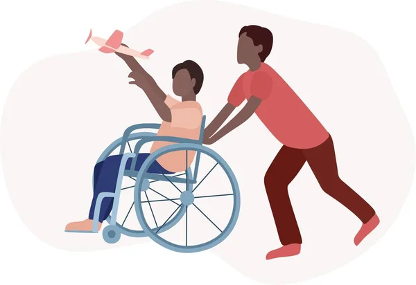社会的包摂 障害者イラスト 2人の少年の友人が幸せに遊ぶ 車椅子の男の子が飛行機に乗って遊んでいる 平型ベクトルイラスト — ストックベクタ