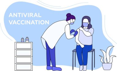 Coronavirus aşısı konsepti. Covid-19, Corona, Coronavirus aşısı. Doktor hastayı aşılıyor. Vektör illüstrasyonu