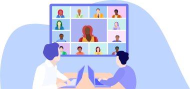 Video konferansı, uzaktan görüşme, iş. İş arkadaşlarıyla çevrimiçi iletişim. Çevrimiçi eğitim, uzaktan öğrenme. Uzak ürün sunumu.