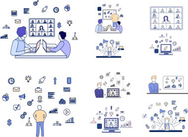 Büyük iş konsepti çizimleri. Lider ve iş adamı konsepti. Video konferansı, iş arkadaşlarıyla görüşme, zaman yönetimi, uzaktan çalışma, uzaktan çalışma.