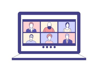 Video konferans konsepti. Çok uluslu ve farklı yaşlarda insanlar video bağlantısıyla konuşuyor. Meslektaşlar ve arkadaşlar uzaktan iletişim kurarlar. Moda çizgisi vektör çizimi