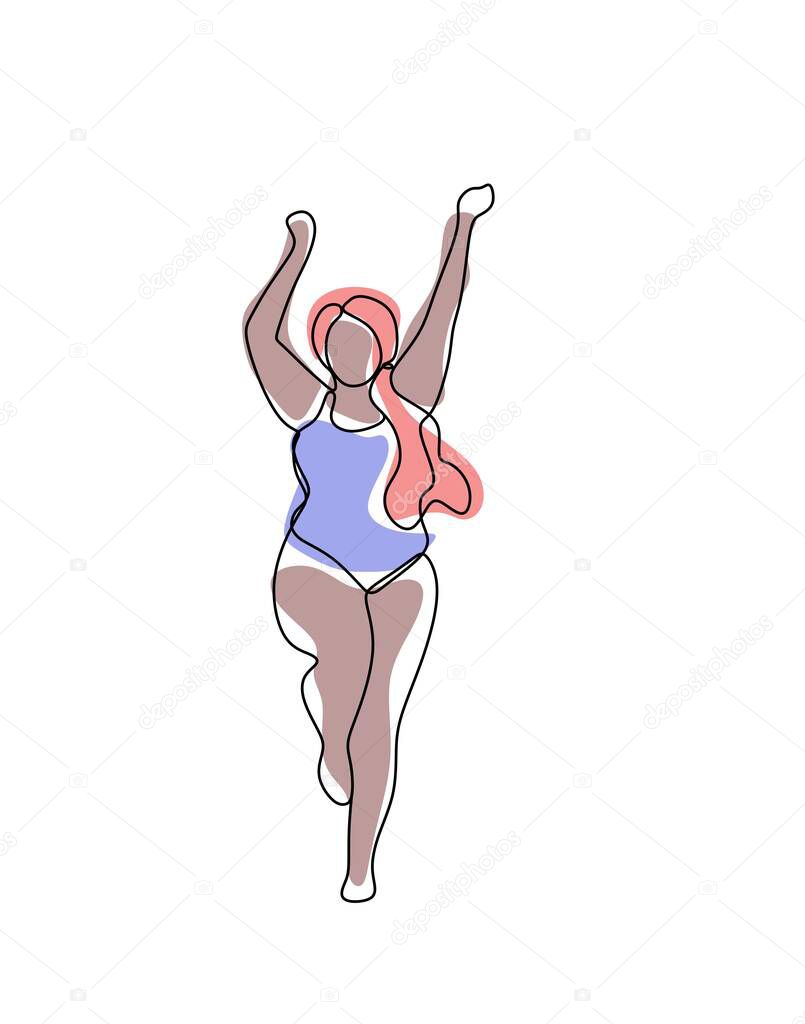 Happy body-positive girl in lingerie. Plus size model. Love your body concept. All bodies are beautiful. Abstract trendy one line illustration