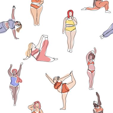 Tek çizgi halinde, kusursuz bir şekil. Vücut pozitif konsept. Mutlu artı beden kızlar ayakta yoga yapıyor. Farklı figürler, çok uluslu vücut pozitifliği olan kızlar. El çizimi çizimi