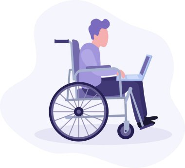 A young man in a wheelchair works at a laptop. The concept of social inclusion and adaptation. Remote work or work from the office. Vector flat illustration