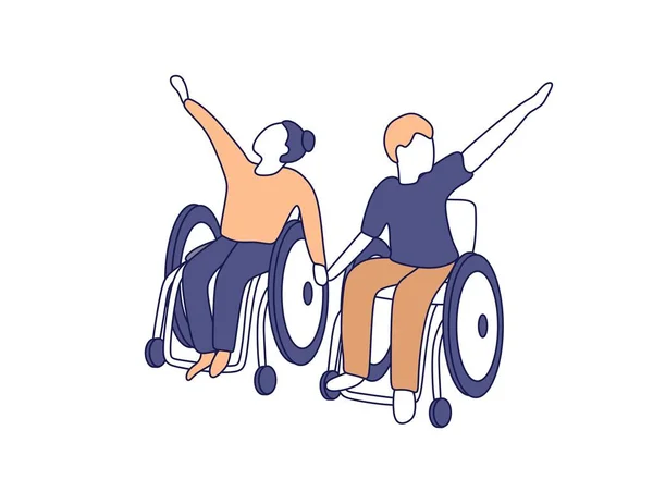 휠체어를 남녀가 사회적 어려운 시기에 도움을 인들은 들었다 — 스톡 벡터