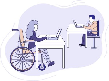 Sosyal kapsama konsepti. Tekerlekli sandalyedeki bir kız ve sağlıklı bir insan için eşit çalışma koşulları. Engelli işyeri. Sosyal hayata uyum sağlama. Tekerlekli sandalyedeki kız laptopla çalışıyor.