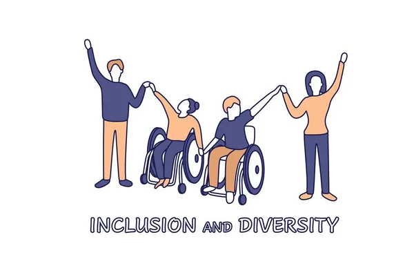 Katılım Çeşitlilik Kavramı Erkekler Kadınlar Tekerlekli Sandalyedeki Insanlar Ele Tutuşuyorlar — Stok Vektör