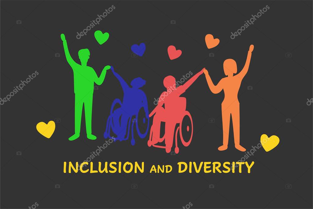 Inclusion and diversity concept. Colored silhouettes of happy women, men, disabled people in a wheelchair.