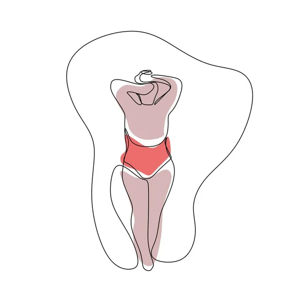 Uma Linha Ilustração Abstrata Menina Corpo Positivo Maiô Está Com —  Vetores de Stock