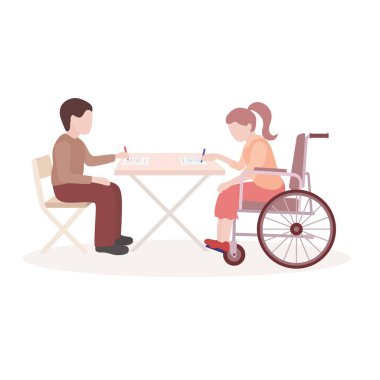 Sosyal kapsama ve kapsayıcı eğitim kavramı. Tekerlekli sandalyedeki bir çocukla bir kız ders çalışıyorlar. Engelli çocukların sosyal hayatı