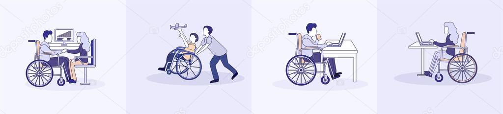 Social inclusion illustrations set. Inclusion and diversity. A man, a woman and a child in a wheelchair play, work and rest. Linear vector flat illustration