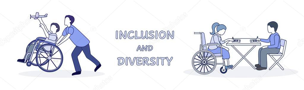 Inclusion and diversity concept. A teen plays with a child in a wheelchair. A disabled girl and a boy are sitting at the same table and studying. Social inclusion and inclusive education illustration