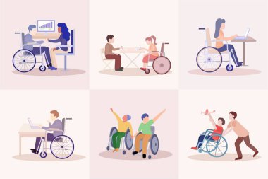 Büyük bir sosyal kapsama ve çeşitlilik çizimleri seti. Özürlü insanlar çalışır, dans eder, oynar, çalışır. Engelli insanlarla dolu bir hayat. Vektör düz resimleme