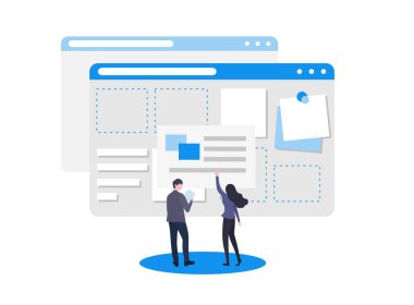 Genç bir kız ve bir adam bir web sitesi oluşturuyorlar. Küçük insanlar bireysel unsurlardan oluşan bir web sitesi kuruyorlar. Web tasarım konsepti. Vektör düz resimleme