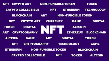 NFT 'nin ne olduğunu açıklayan bir dizi kelime. Koyu arkaplanda ödenmeyen jeton. Pankart, web, makale, sunum için vektör illüstrasyonu.