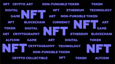 NFT 'nin ne olduğunu açıklayan bir dizi kelime. Koyu arkaplanda ödenmeyen jeton. Pankart, web, makale, sunum için vektör illüstrasyonu.
