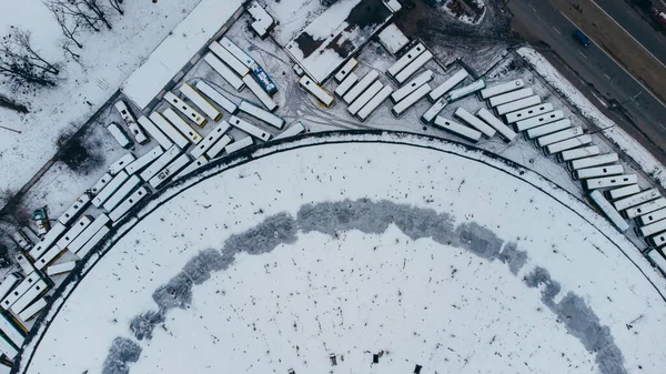 Top View Aerial Shot Famous Kyiv Abandoned Bus Park Covered — Stock Photo, Image