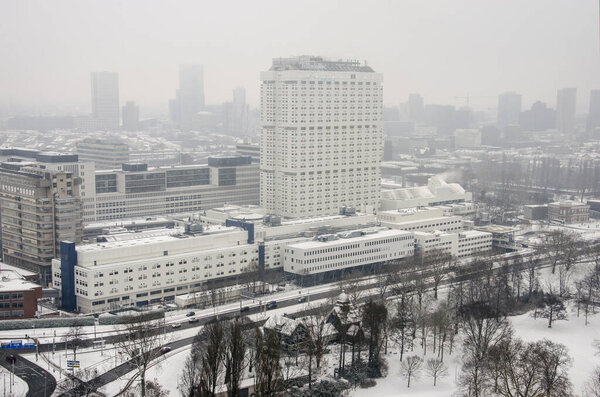 Rotterdam, The Netherlands, January 22, 2019: the white buildings of the Erasmus medical center in a white world on a cold day in winter
