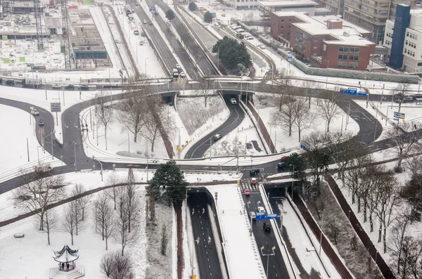 Rotterdam Januari 2019 Bovenaanzicht Drooglever Fortuynplein Verkeersknooppunt Recente Sneeuwval — Stockfoto