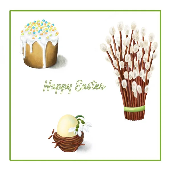 Easter Decorations Cake Egg Willow Pastel Illustration — Stock Photo, Image