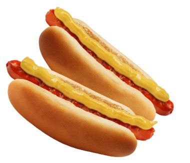 Beyaz arka planda hardallı taze Amerikan sosislisi.