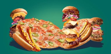 Fast food, hotdog, pizza ve hamburger.