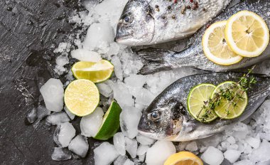 Buzda taze çiğ dorado balığı.