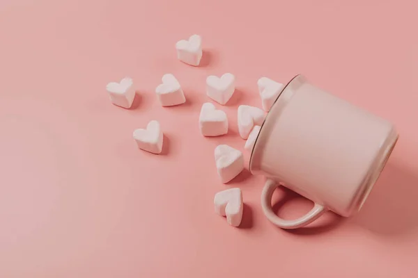 Uma Caneca Rosa Encontra Seu Lado Contra Fundo Rosa Marshmallows — Fotografia de Stock