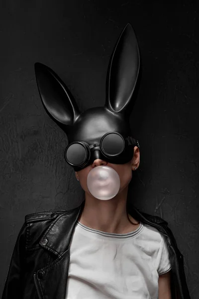 Masked Easter Bunny Blowing Bubble Gum Bubbles Easter Party Concept Royalty Free Stock Images