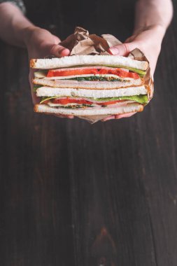 Büyük sandviç ellerde.