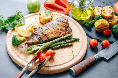 grilled mackerel with vegetables clipart