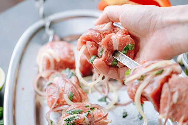 Carne Marinada Para Barbacoa Carne Pinchada Lista Para Asar — Foto de Stock