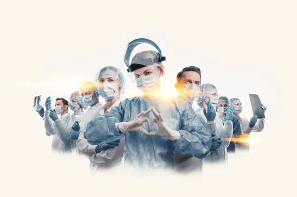 Medical Workers Heroes Nurse Foreground Mask Uniform Holds Her Hands Royalty Free Stock Photos