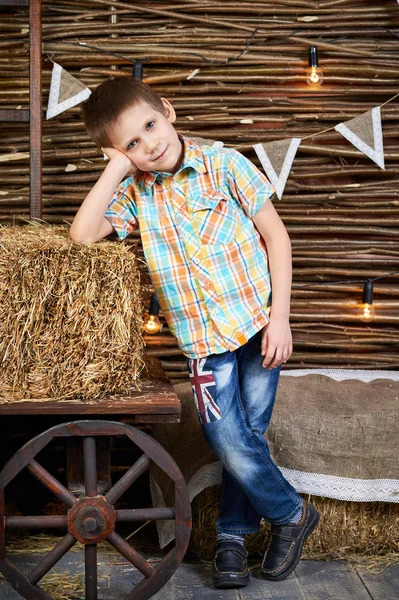 Stilig pojke står nära gamla vagn med hö rick — Stockfoto