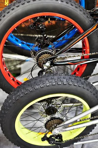 Заднее колесо с большой шиной на велосипеде — стоковое фото
