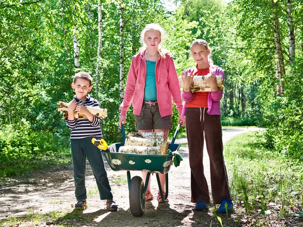 Kinder tragen Brennholz aus Wald — Stockfoto