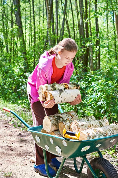 Young girl carries firewood from forest — Stock Photo, Image