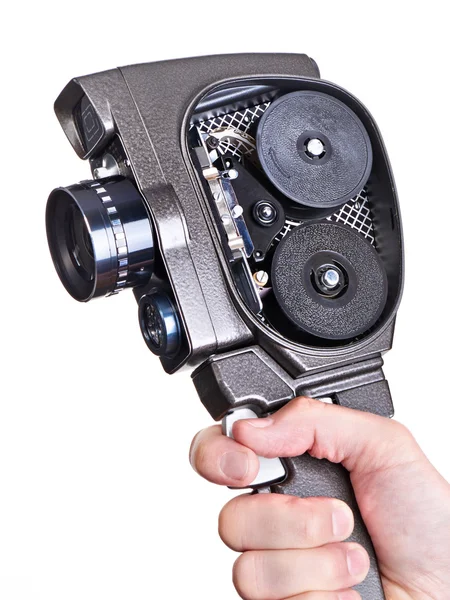 Retro mekanik film kamera operatörü ile kapak op elinde — Stok fotoğraf
