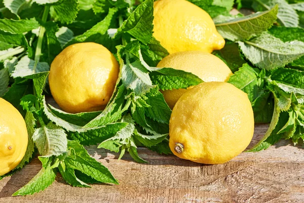 Lemons with leaves of mint on wooden table — Stock Photo, Image