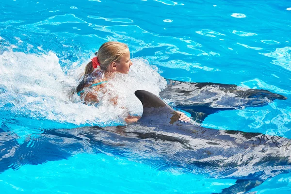 Chica nada con delfín en la piscina — Foto de Stock