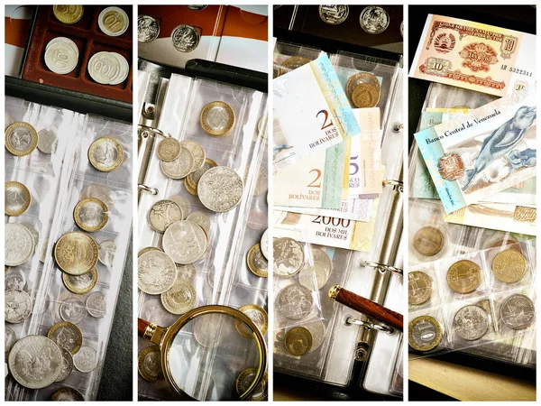 Coins Venezuelan Bolivars Banknotes Numismatics Money Notes Magnifying Glass — Stock Photo, Image