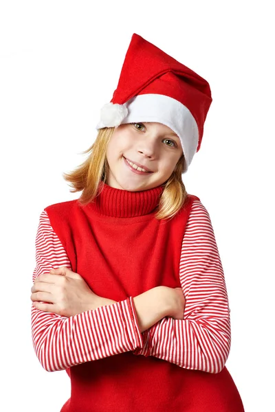 Bella ragazza in rosso Santa cappello isolato — Foto Stock