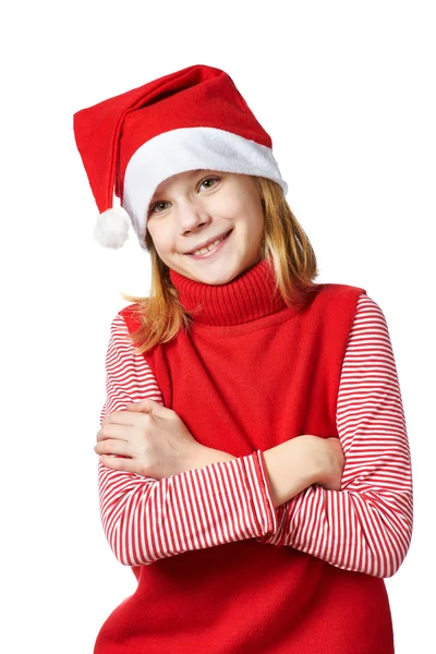 Bella ragazza in rosso Santa cappello isolato — Foto Stock