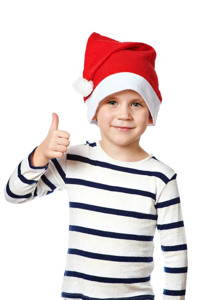 Kleine jongen in Kerstman hoed met duimen omhoog teken ok geïsoleerd — Stockfoto