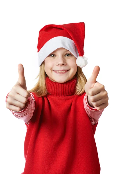 Mooi meisje in Kerstman hoed met duimen omhoog teken ok geïsoleerd — Stockfoto