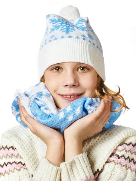 Beautiful girl in knit sweaters, scarves and hats isolated — Stock Photo, Image