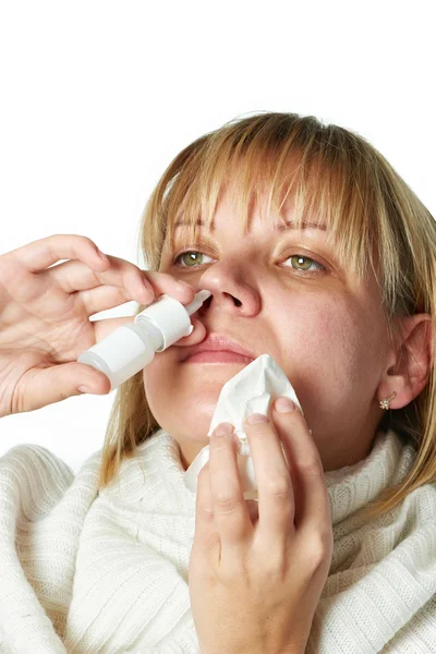 Sick with a rhinitis woman dripping nose medicine isolated — Stock Photo, Image