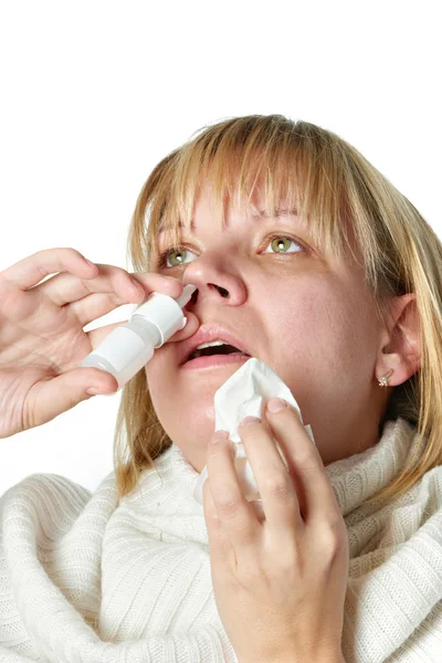 Sick with a rhinitis woman dripping nose medicine isolated — Stock Photo, Image