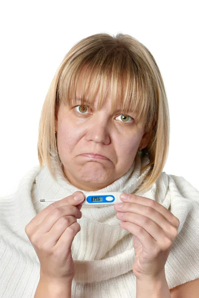 Sick woman holding digital thermometer isolated — Stock Photo, Image