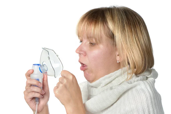 Sick cough woman holding inhaler isolated — Stock Photo, Image